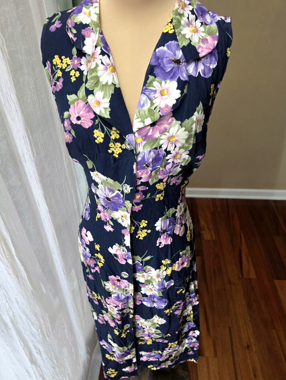 Vintage 90s Navy Floral Maxi Dress 100% Rayon Button Front Tie Back Cottagecore